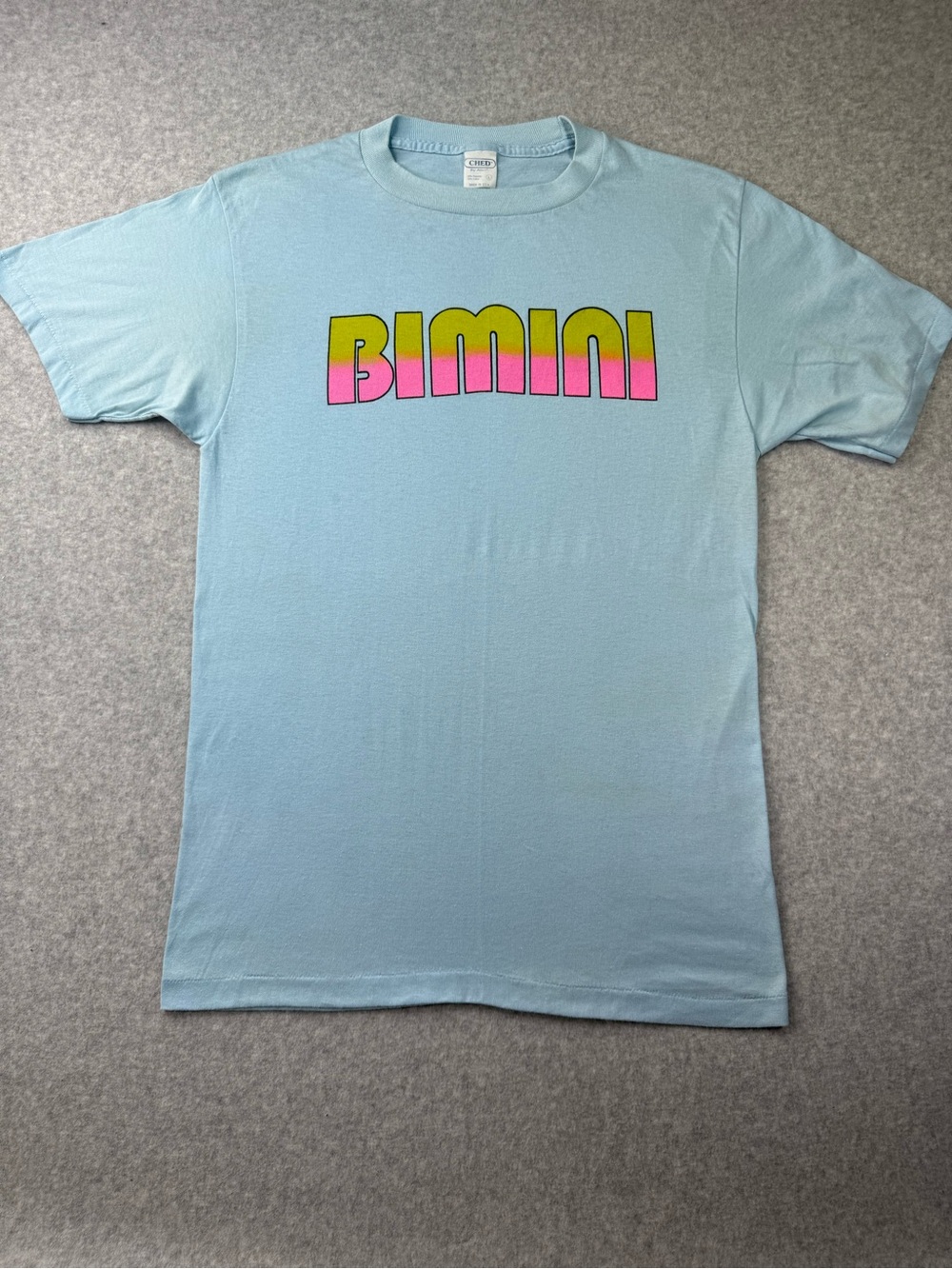 Vintage CHED Anvil Bimini T-Shirt Large/Med 50/50 Made in USA Retro Gradient Tee